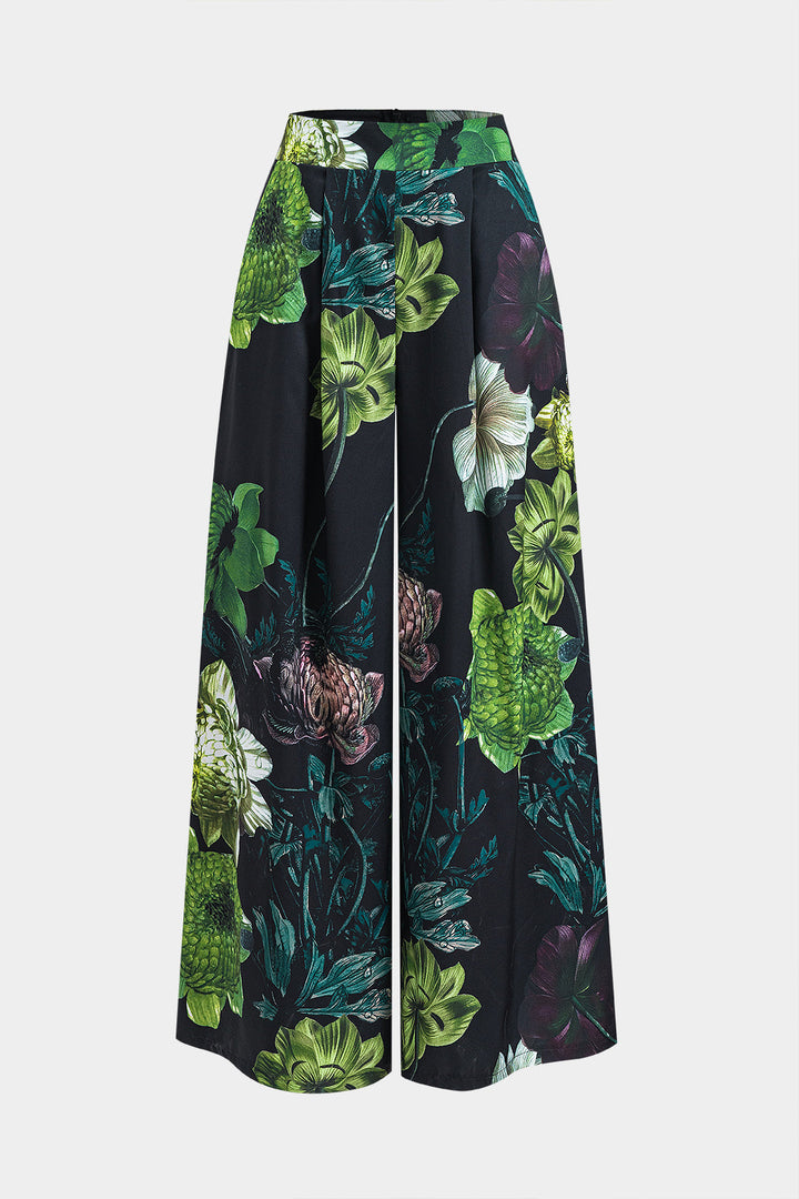 Ruched Short Sleeve Top And Floral Print Zipper Wide Leg Trousers Set