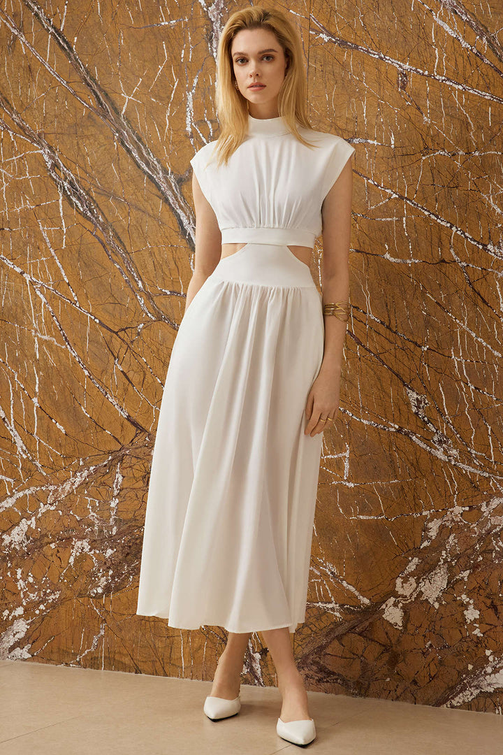 Mock Neck Cut Out Pleated Maxi Dress