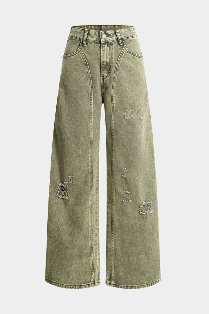 Denim Washed Ripped Wide Leg Jeans