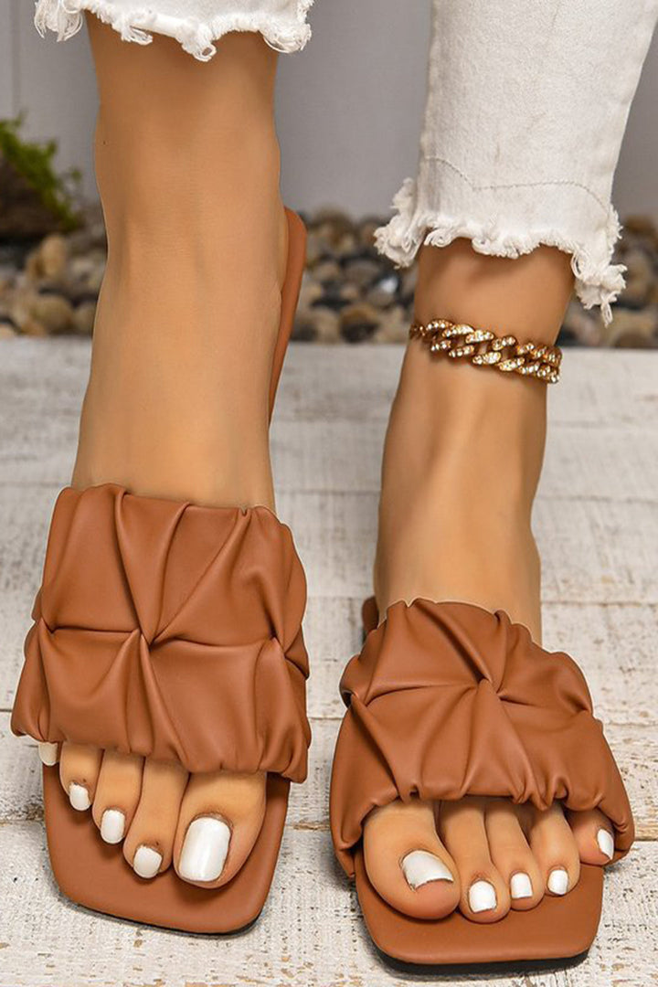 Ruched Faux Leather Flat Slippers