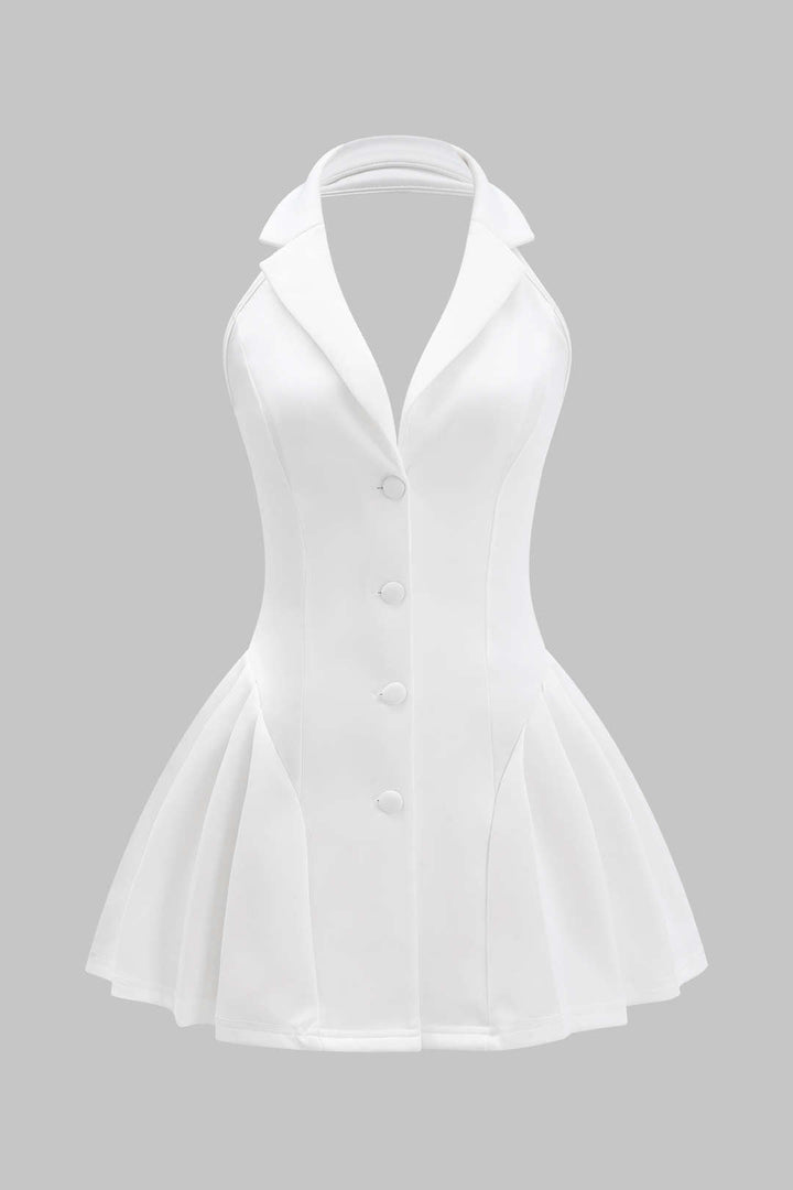 Halter Neck Button Ruffle Sleeveless Mini Dress