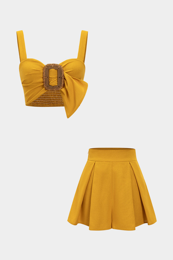 Linen Ruched Smocked Cami Top And Solid Shorts Set