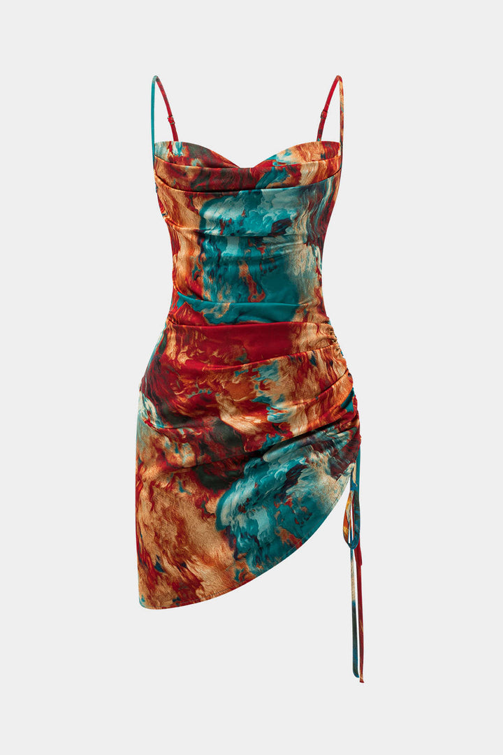 Watercolor Print Satin Ruched Drawstring Slip Mini Dress