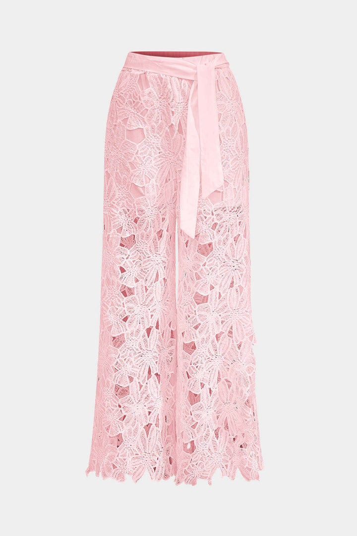 Hollow Out Lace Top And Tie Up Trousers Set