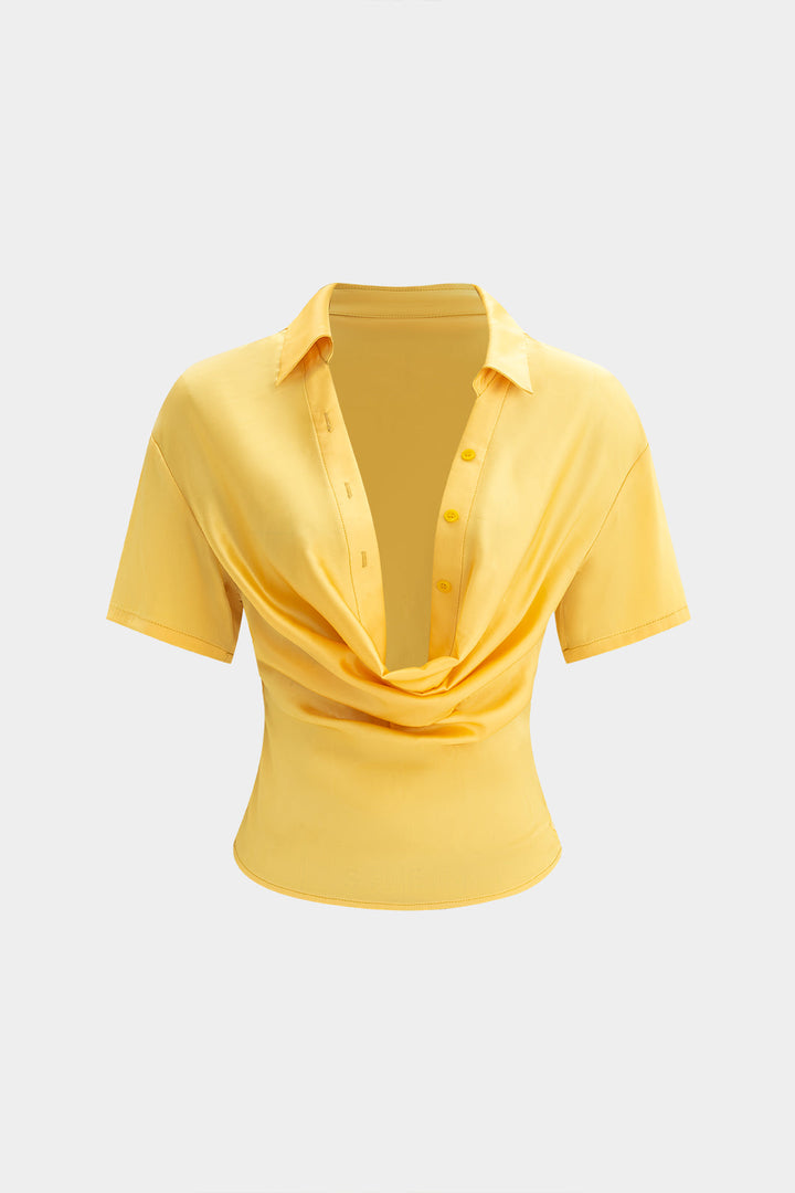 Ombre Print Satin Cowl Neck Short-Sleeve Shirt