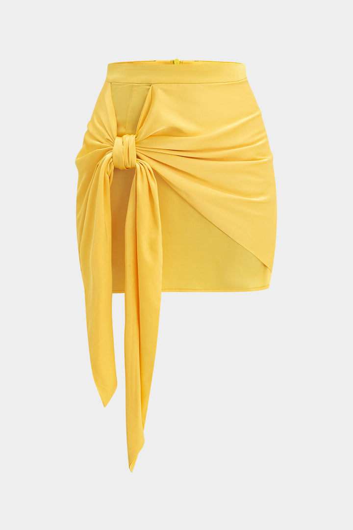 Ombre Print Satin Ruched Tie Front Zipper Skirt