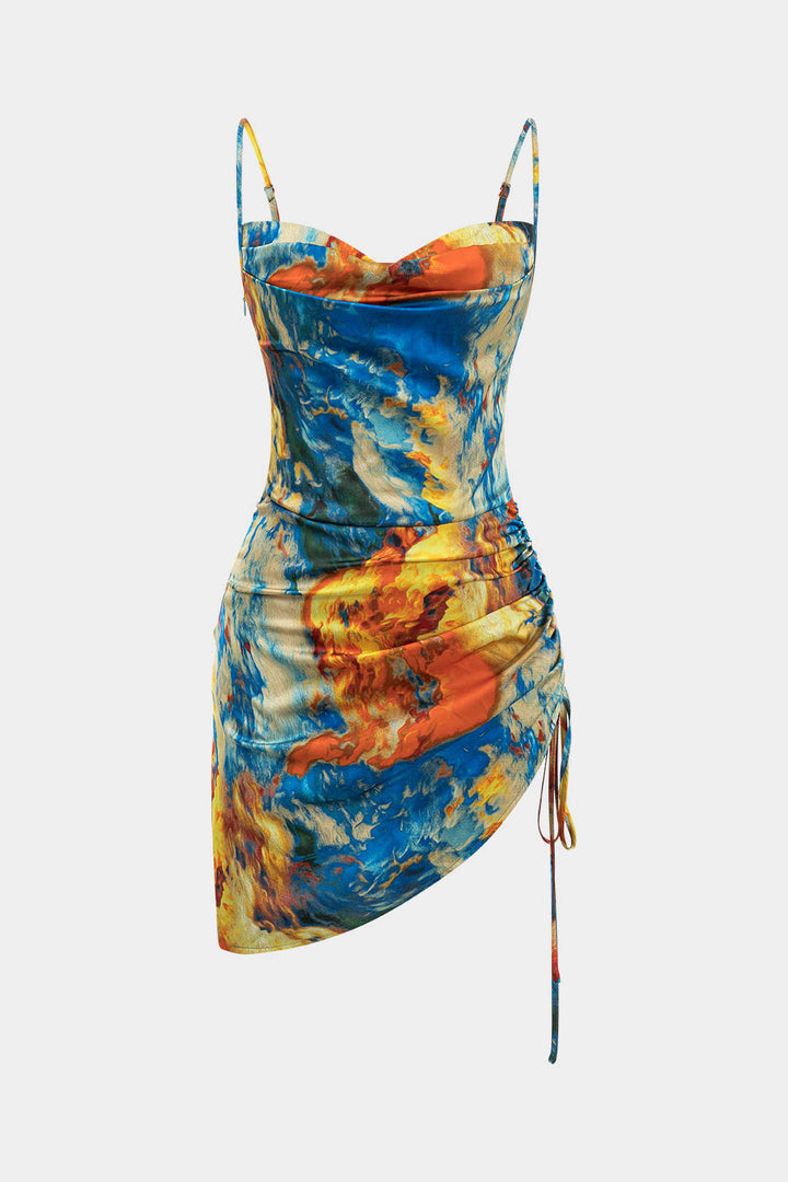 Watercolor Print Satin Ruched Drawstring Slip Mini Dress