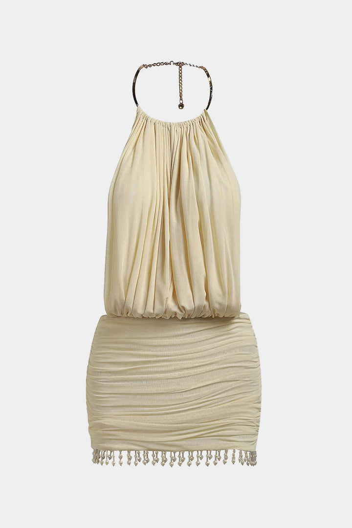 Mesh Halter Neck Pearl Decor Ruched Sleeveless Mini Dress