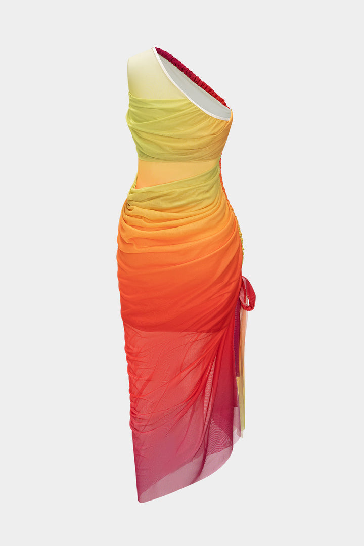 Ombre Print Twist Mesh One Shoulder Sleeveless Midi Dress