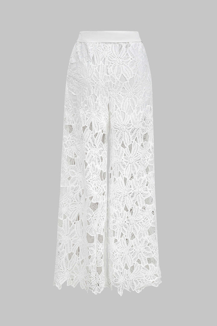 Hollow Out Lace Top And Tie Up Trousers Set