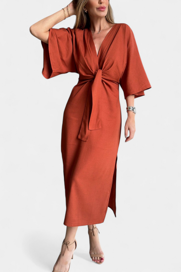 Ainhoa Casual Dress with V-Neck and Front Knot