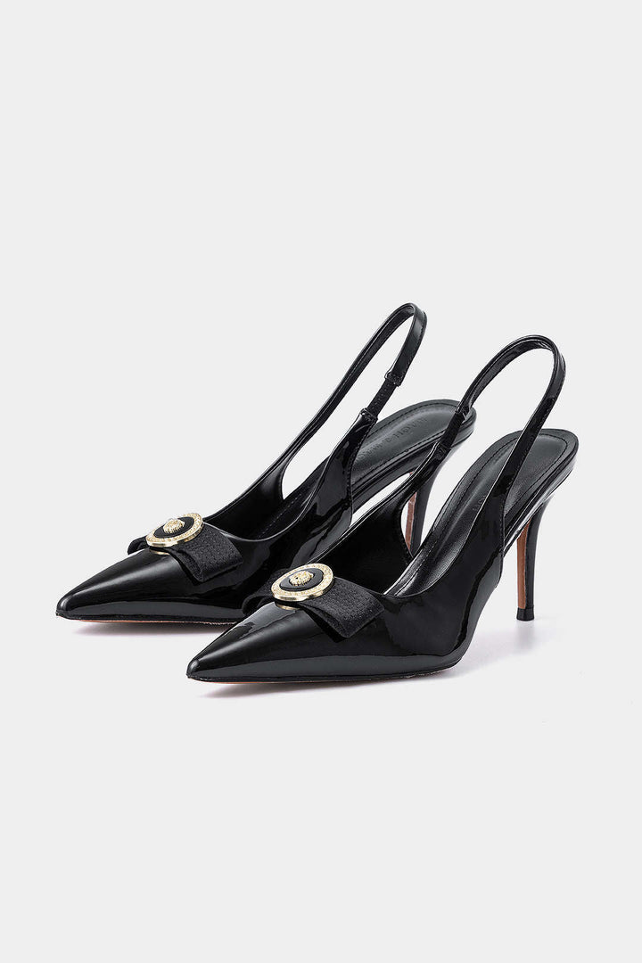 Faux Leather Metallic Decor Pointed Toe Heels
