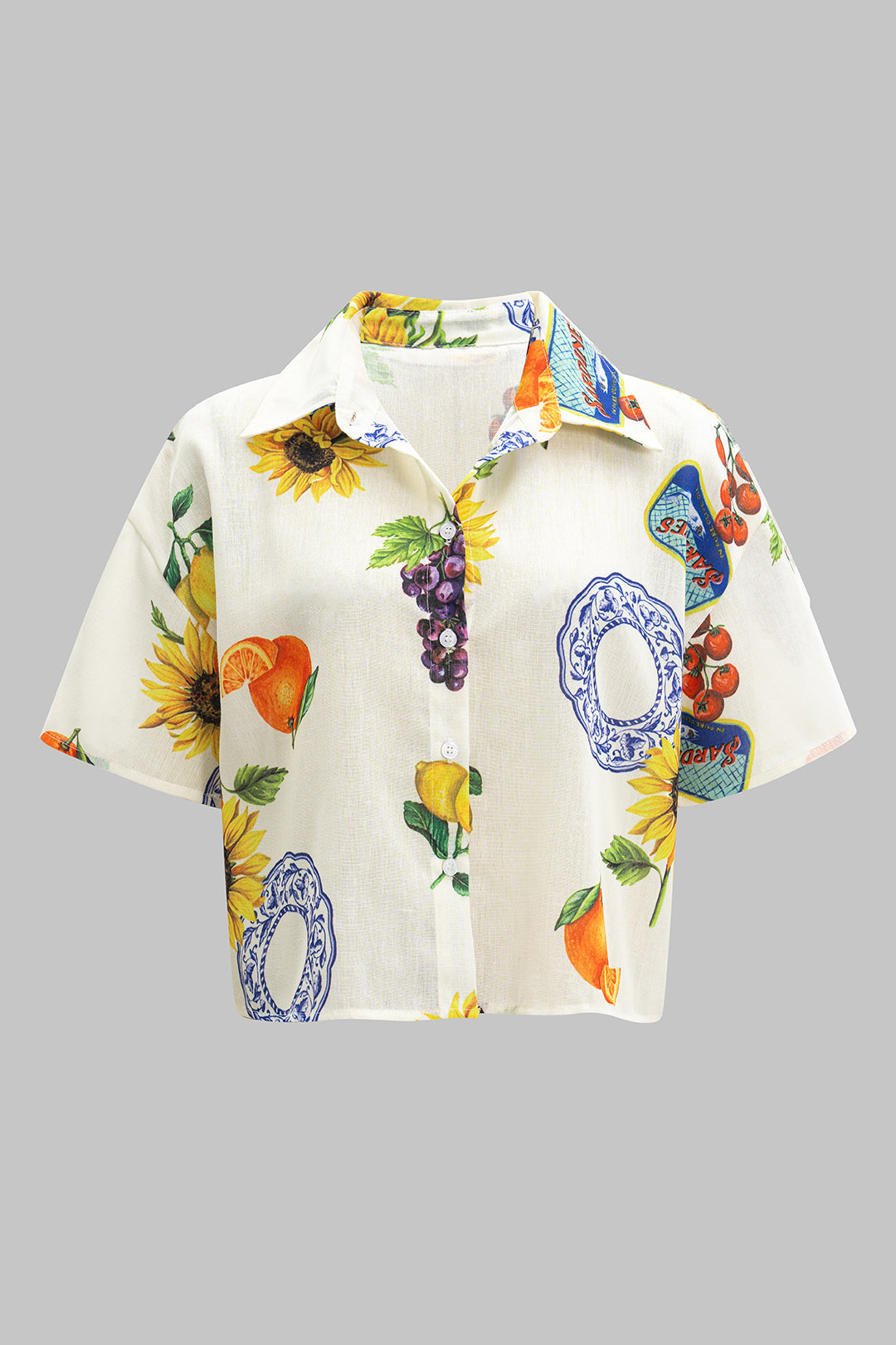 Fruit Floral Print Button Short-Sleeve Shirt