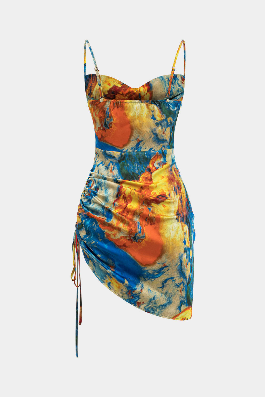 Watercolor Print Satin Ruched Drawstring Slip Mini Dress