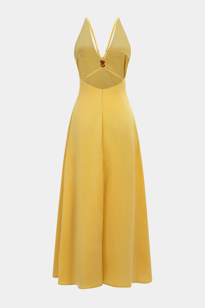 Satin Backless V-Neck Beaded Sleeveless Maxi Dress