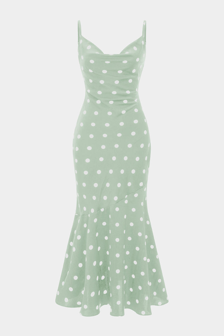 Contrast Polka Dots Print Cowl Neck Slip Sleeveless Midi Dress