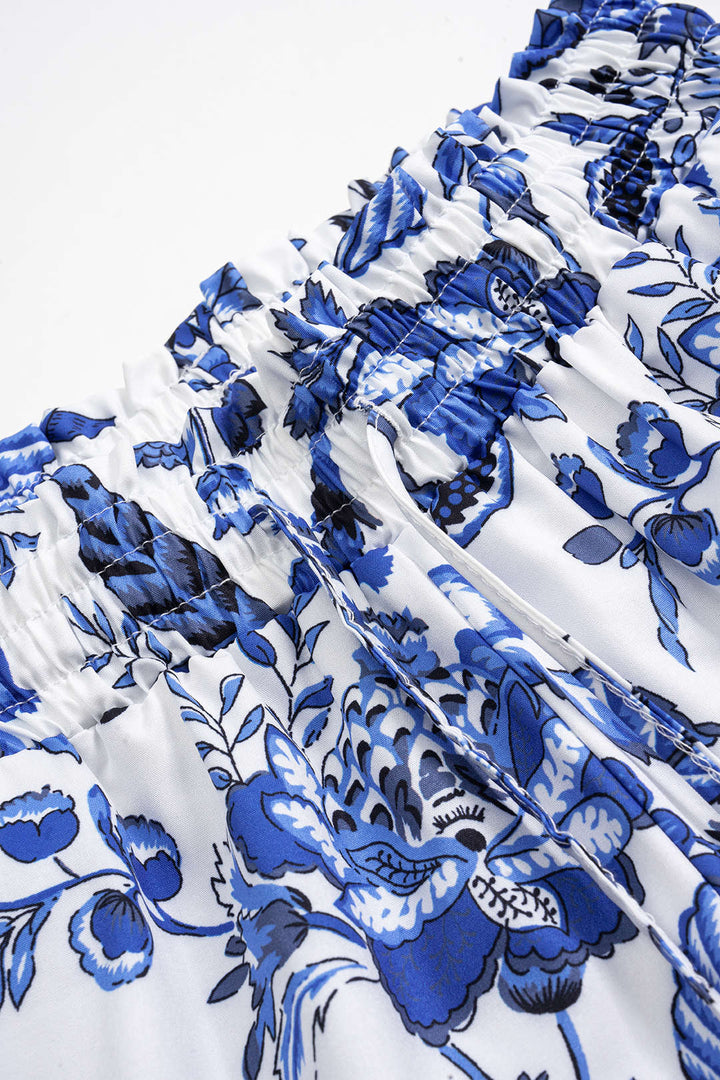 Floral Leaves Print Drawstring Wide Leg Trousers