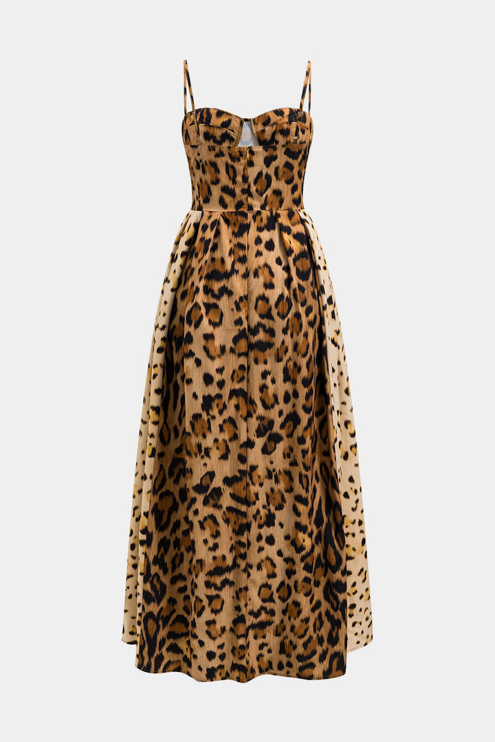 Leopard Print Ruched Bustier Slip Midi Dress