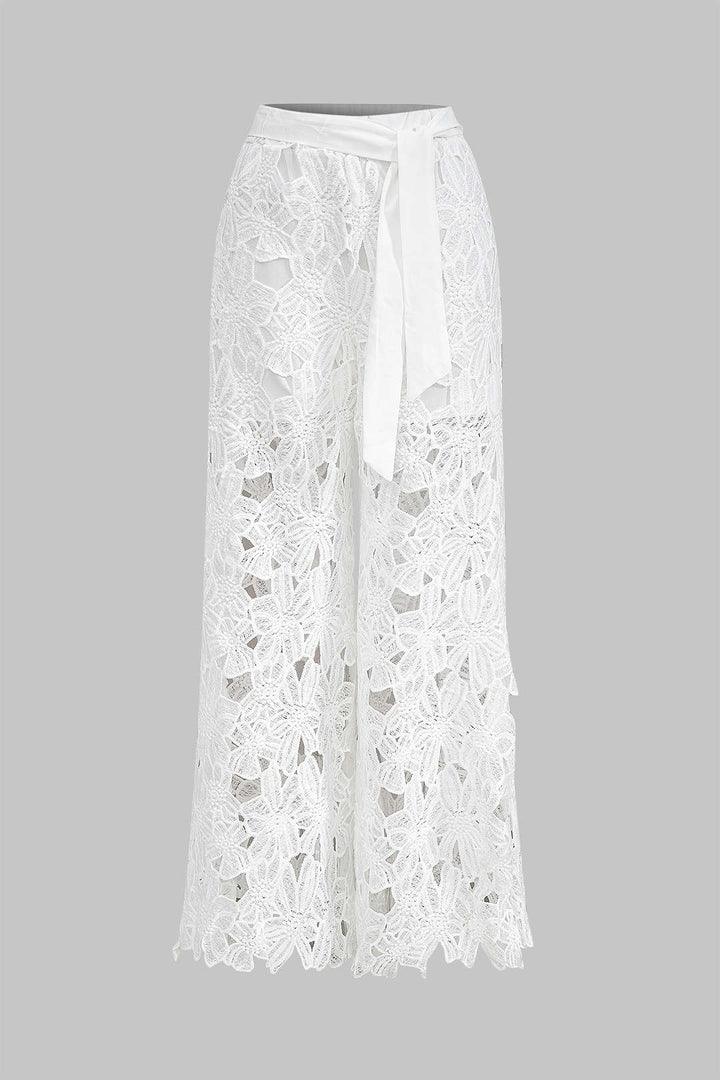 Hollow Out Lace Top And Tie Up Trousers Set