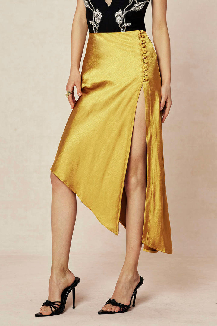 Asymmetric Hem Slit Button Deco Skirt