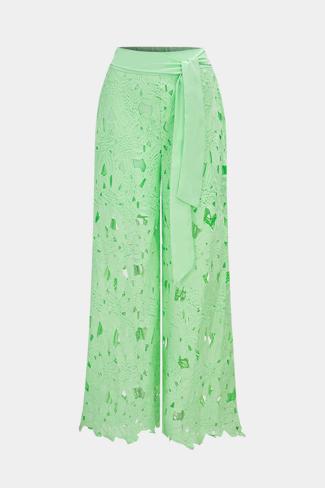 Hollow Out Lace Top And Tie Up Trousers Set