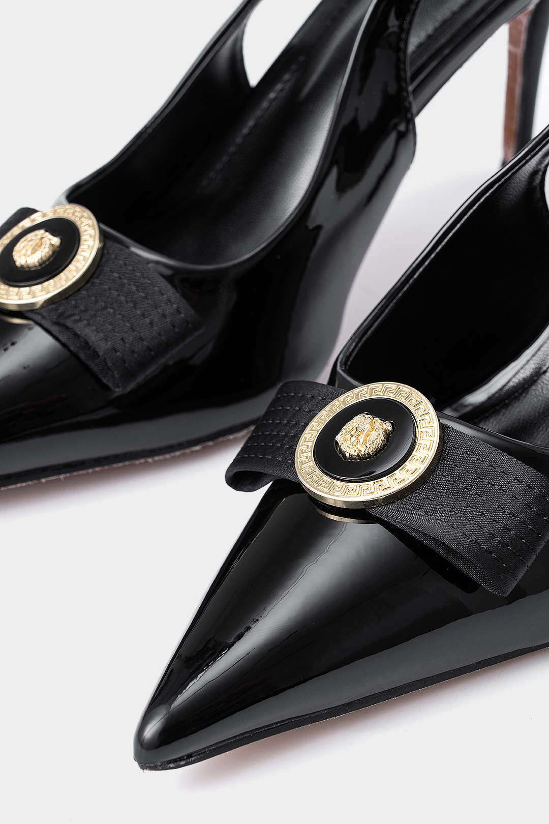 Faux Leather Metallic Decor Pointed Toe Heels