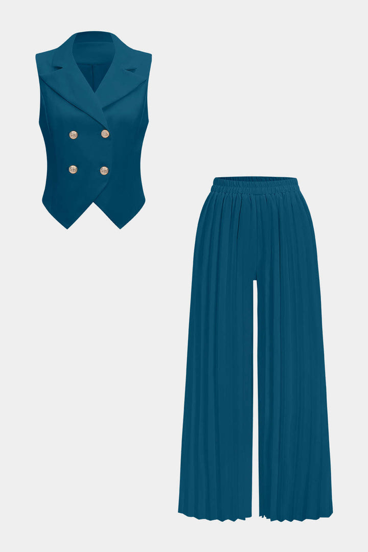 Solid Vest And Pleated High Waist Trousers Set