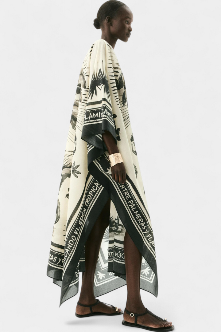 Guadalupe Oversized Kaftan Dress with Flamingo and Palm Tree Prints