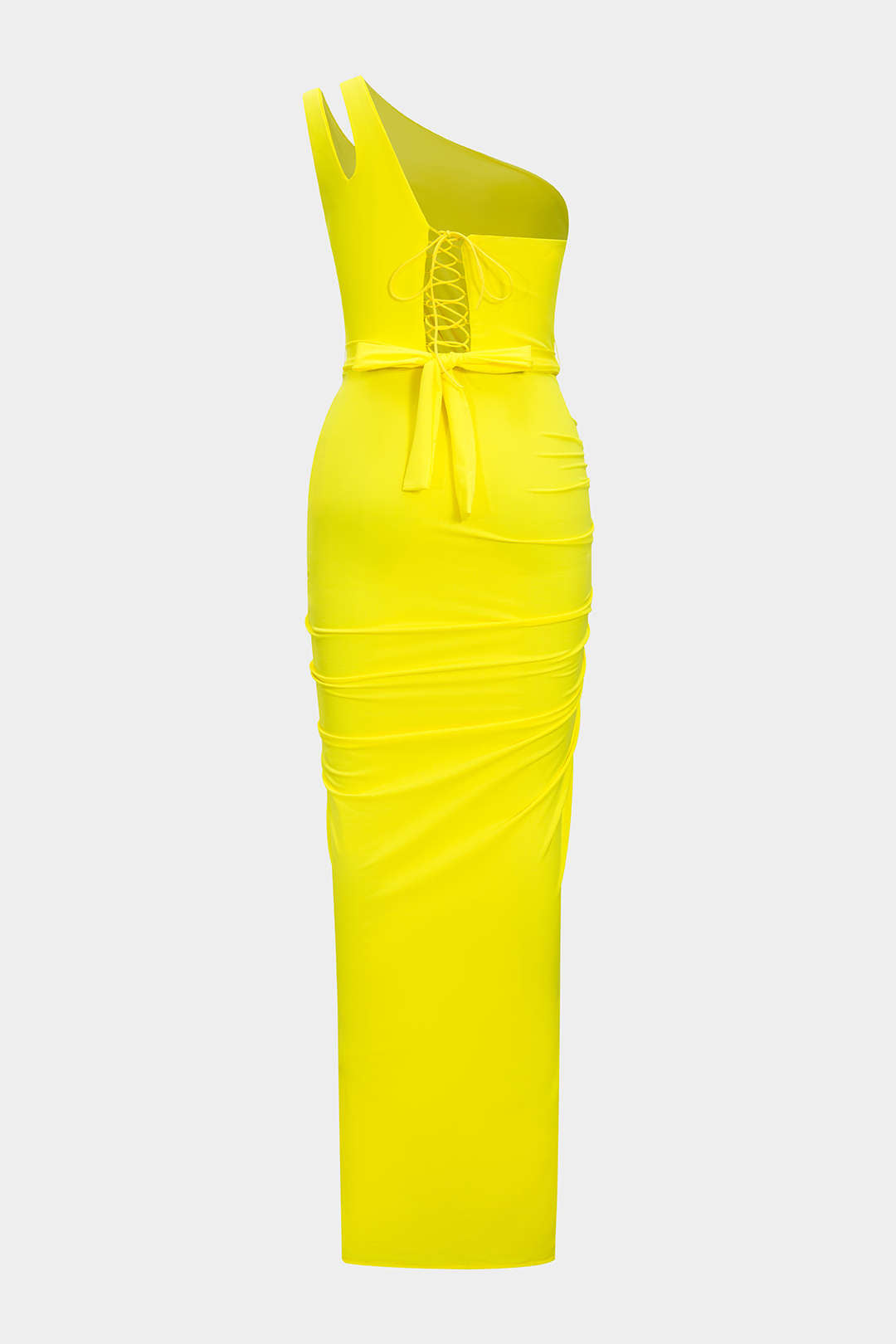 Satin High Slit Ruched Asymmetrical Maxi Dress