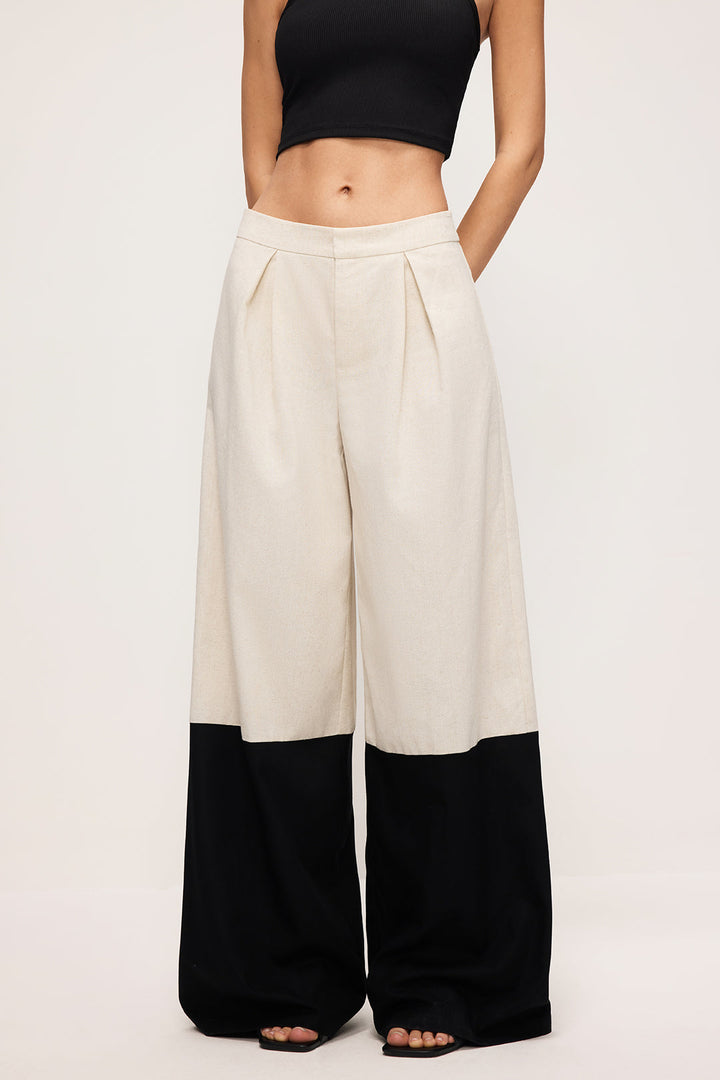 Linen High Waist Patchwork Wide Leg Trousers