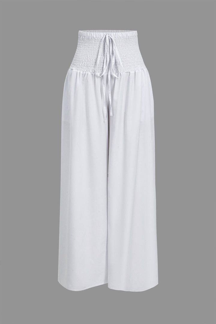 Ruched Tube Top And Tie Front Wide Leg Trousers Set