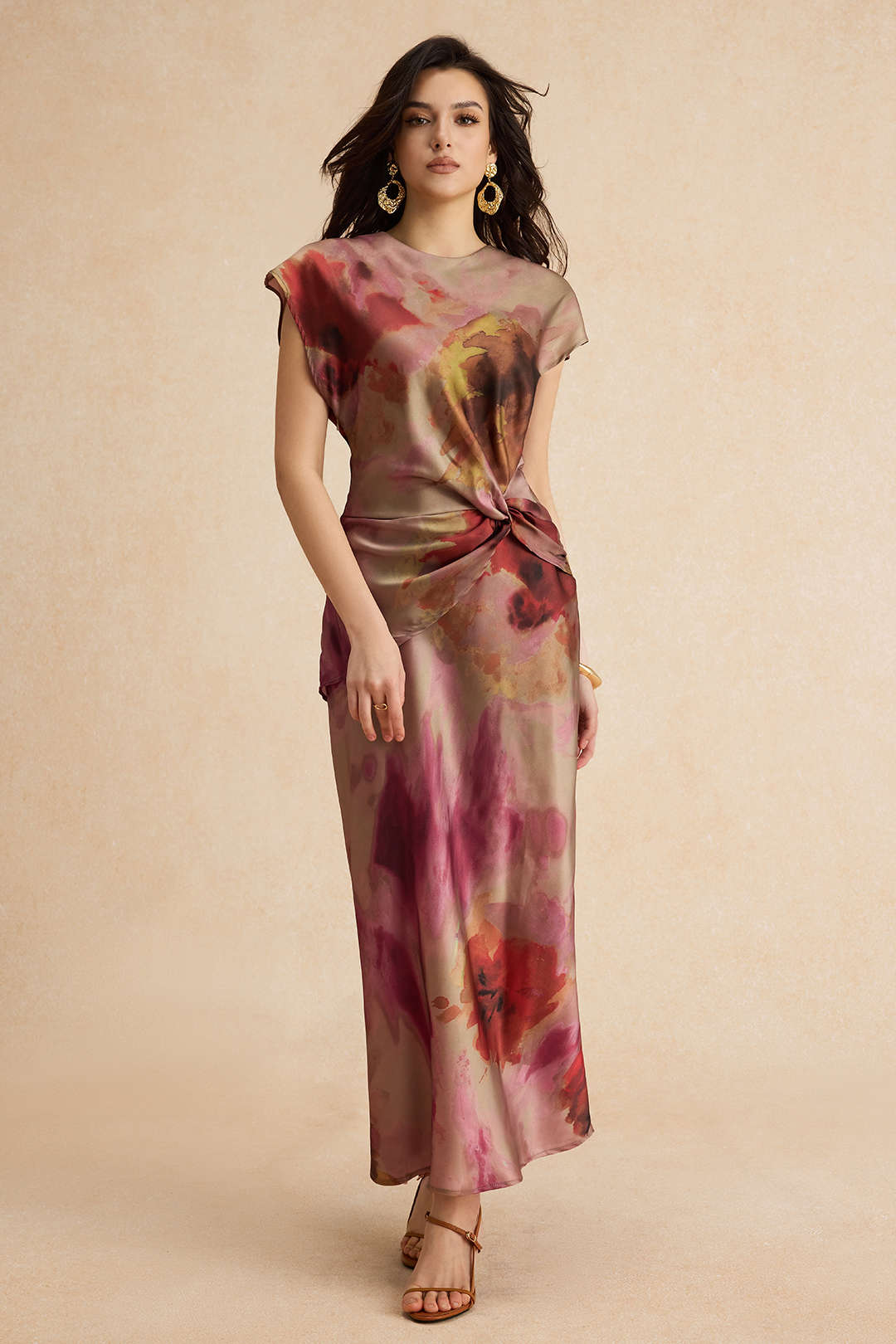 Tie Dye Ruched Cut Out Button Twist Knot Midi Dress