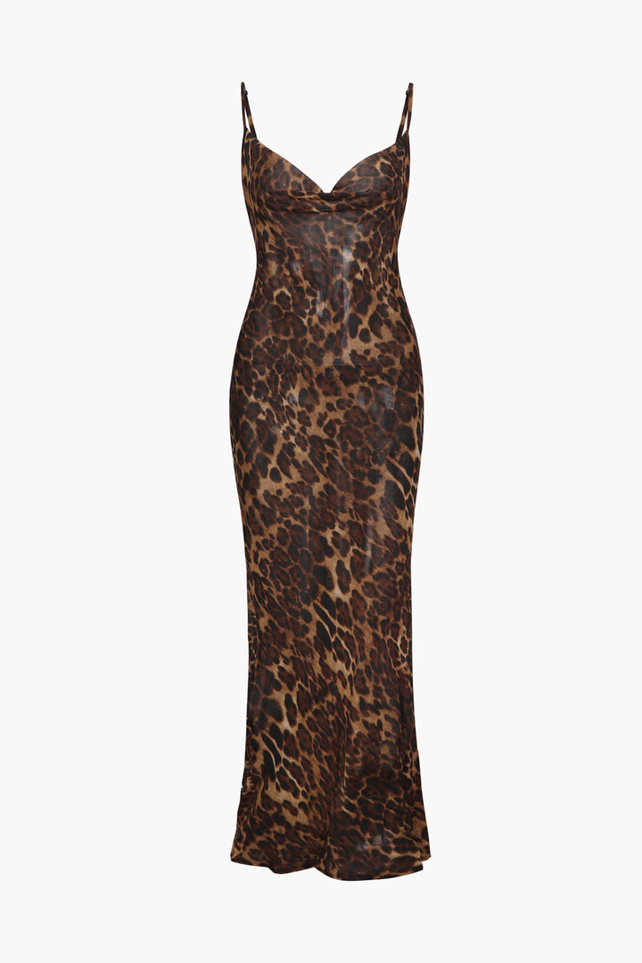 Leopard Print Sheer Draped Maxi Dress