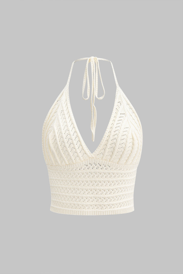 Knit V-Neck Halter Hollow Out Backless Tank Top