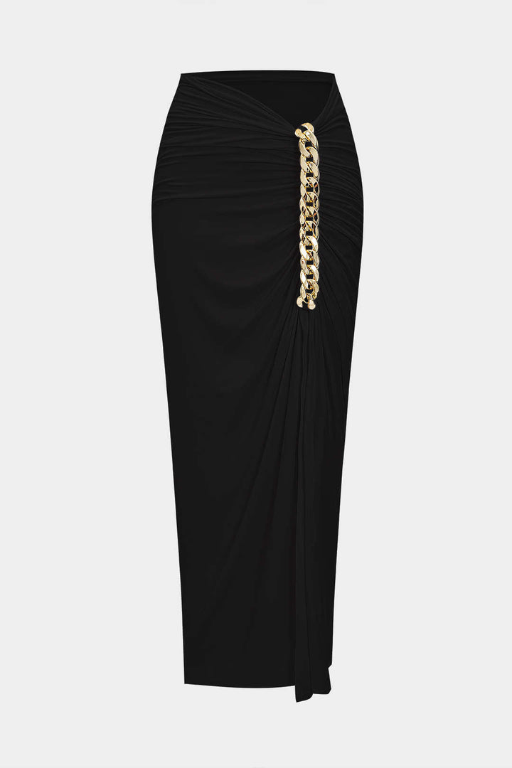 Asymmetrical Ruched Slit Chain Skirt