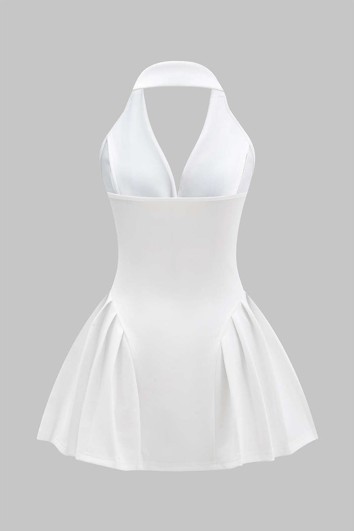 Halter Neck Button Ruffle Sleeveless Mini Dress