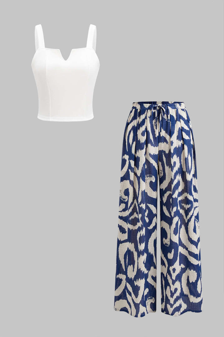 Sleeveless Tank Top And Hawaiian Pattern Contrast Wide Leg Trousers Set