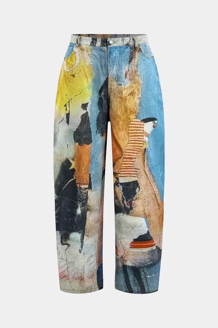 Abstract Print Button Wide Leg Trousers