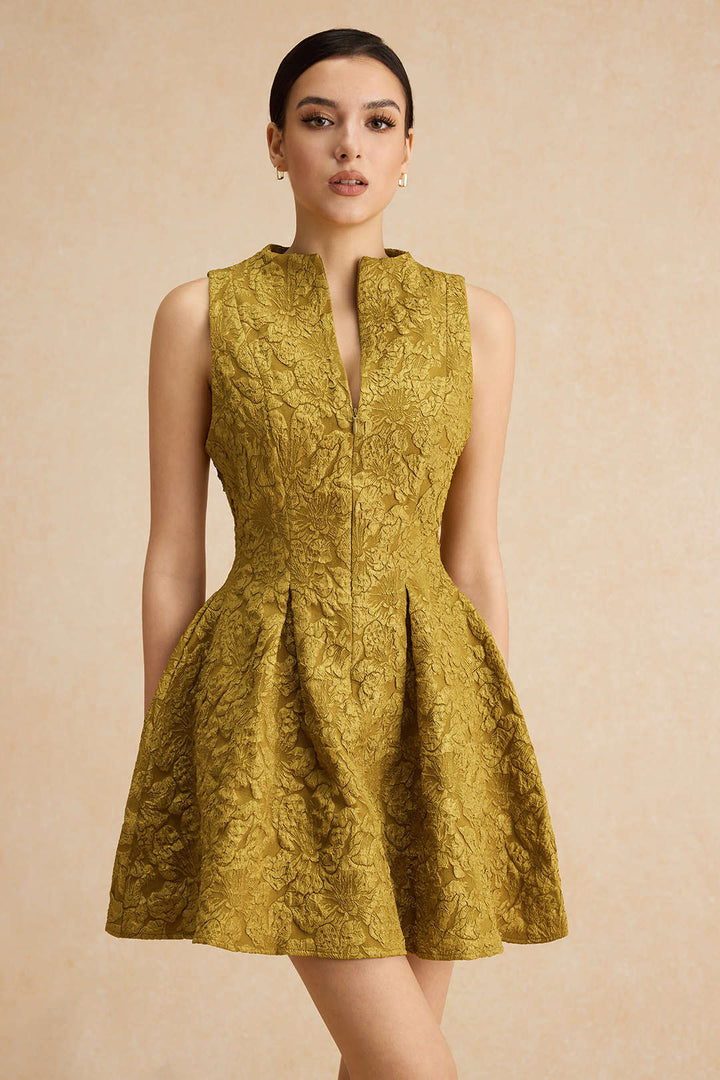 Jacquard Sleeveless Pleated Mini Dress
