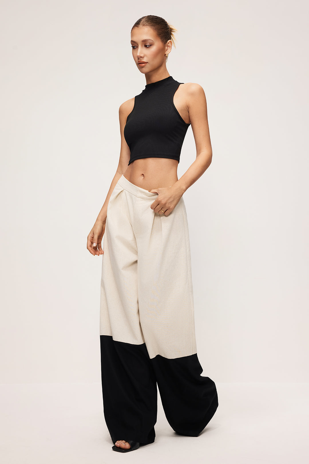Linen High Waist Patchwork Wide Leg Trousers
