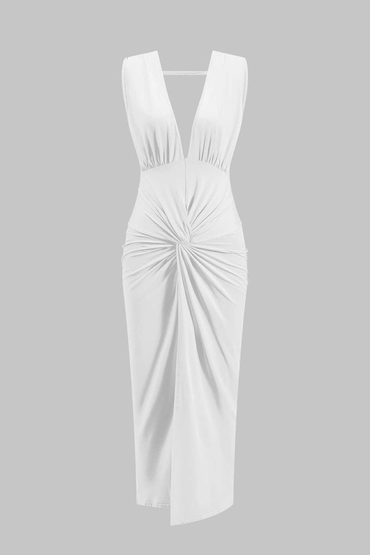 Ruched Twist Knot Backless Sleeveless Midi Dress