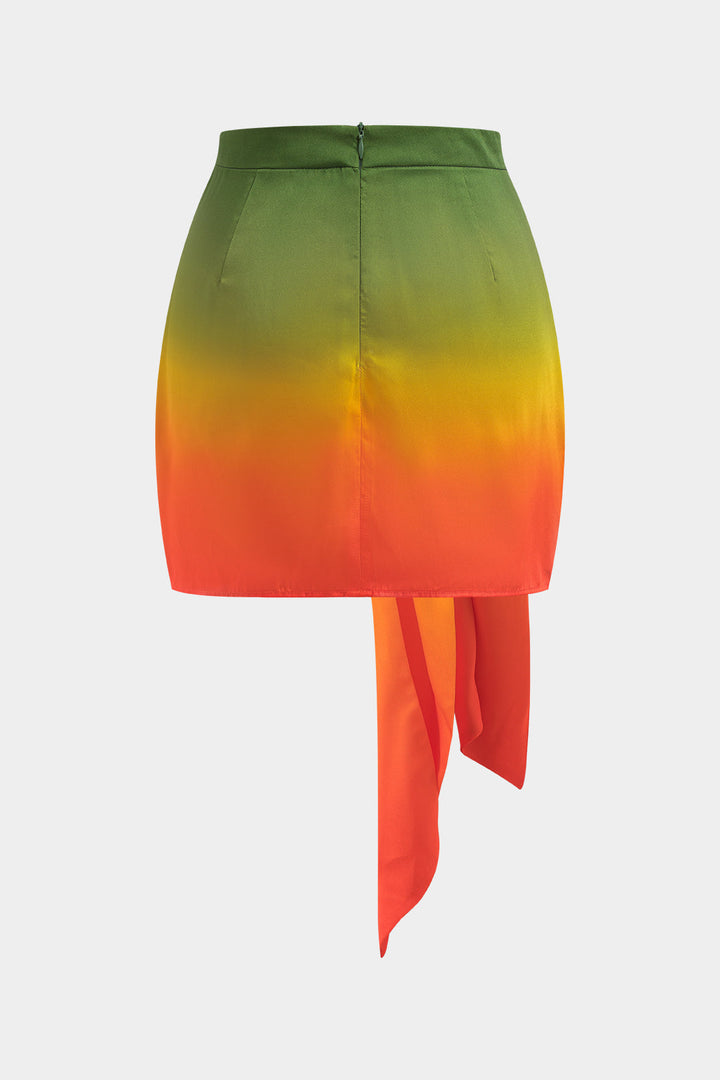 Ombre Print Satin Ruched Tie Front Zipper Skirt