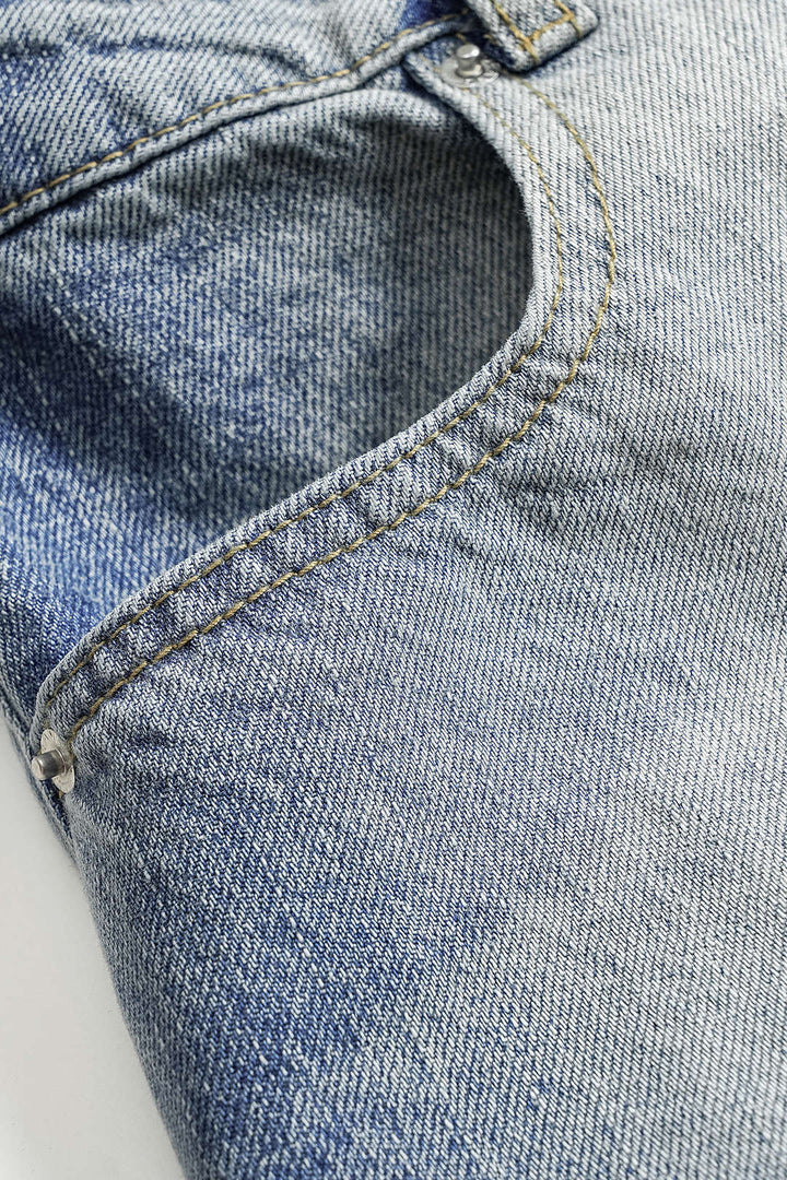 Denim Washed Button Wide Leg Jeans