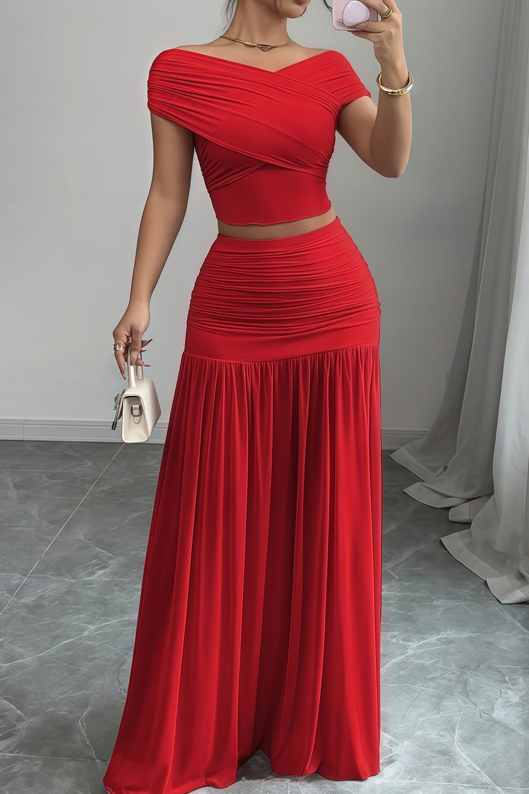 Ruched Patchwork Top And Skirt Set