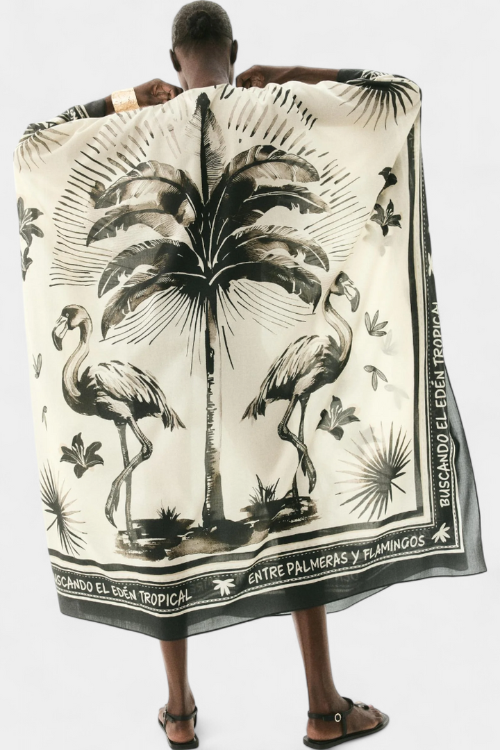 Guadalupe Oversized Kaftan Dress with Flamingo and Palm Tree Prints