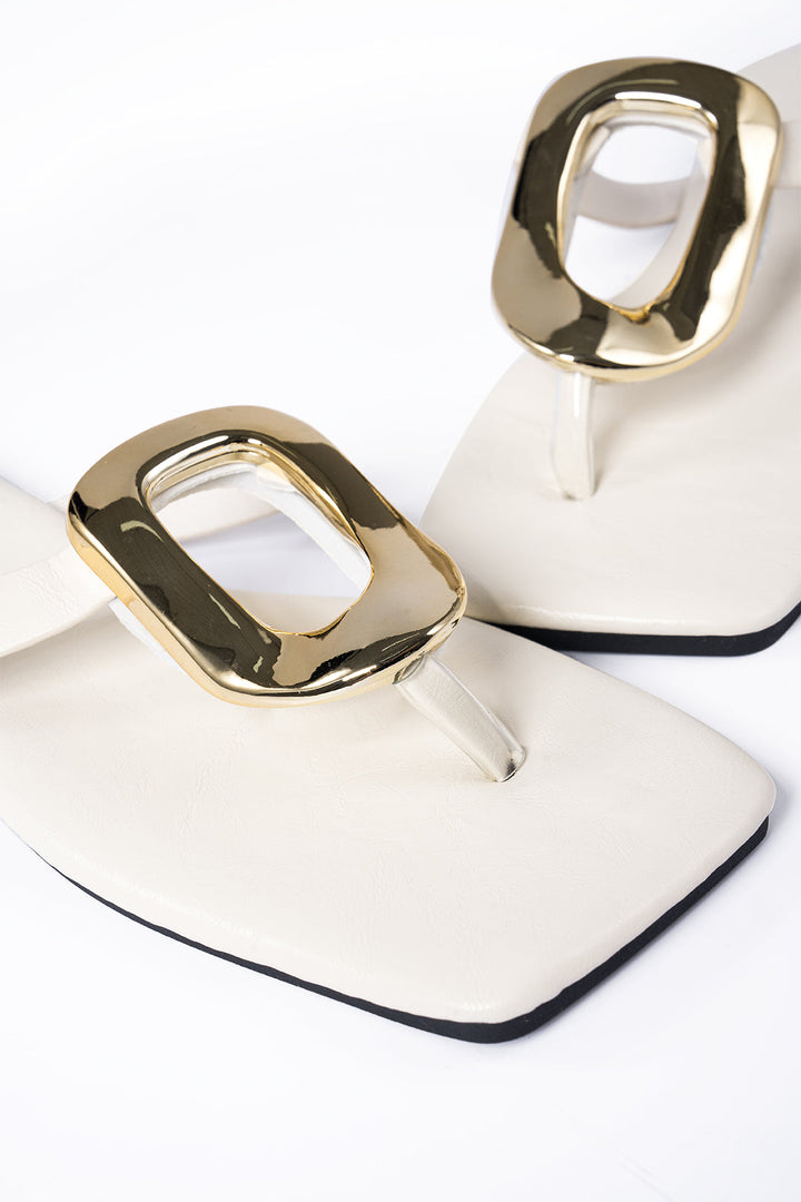 Metallic Buckle Open Toe Flats