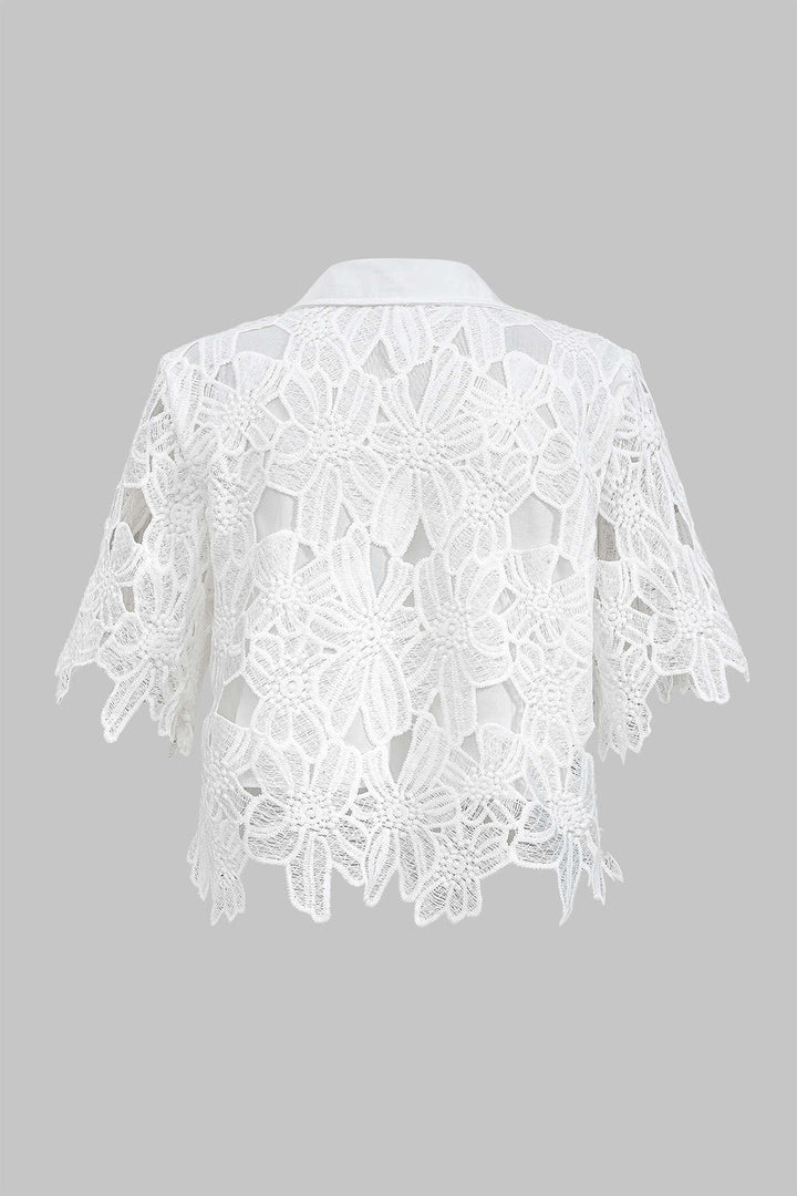Hollow Out Lace Top And Tie Up Trousers Set
