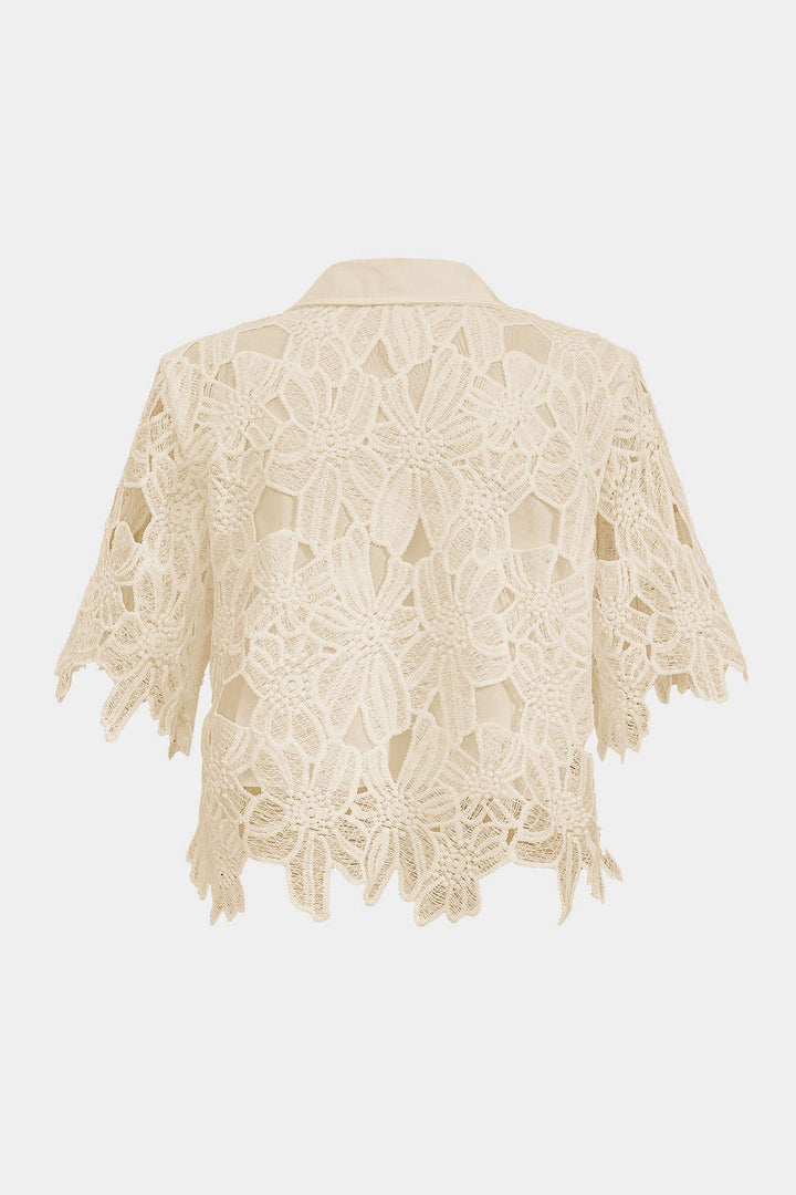 Hollow Out Lace Top And Tie Up Trousers Set