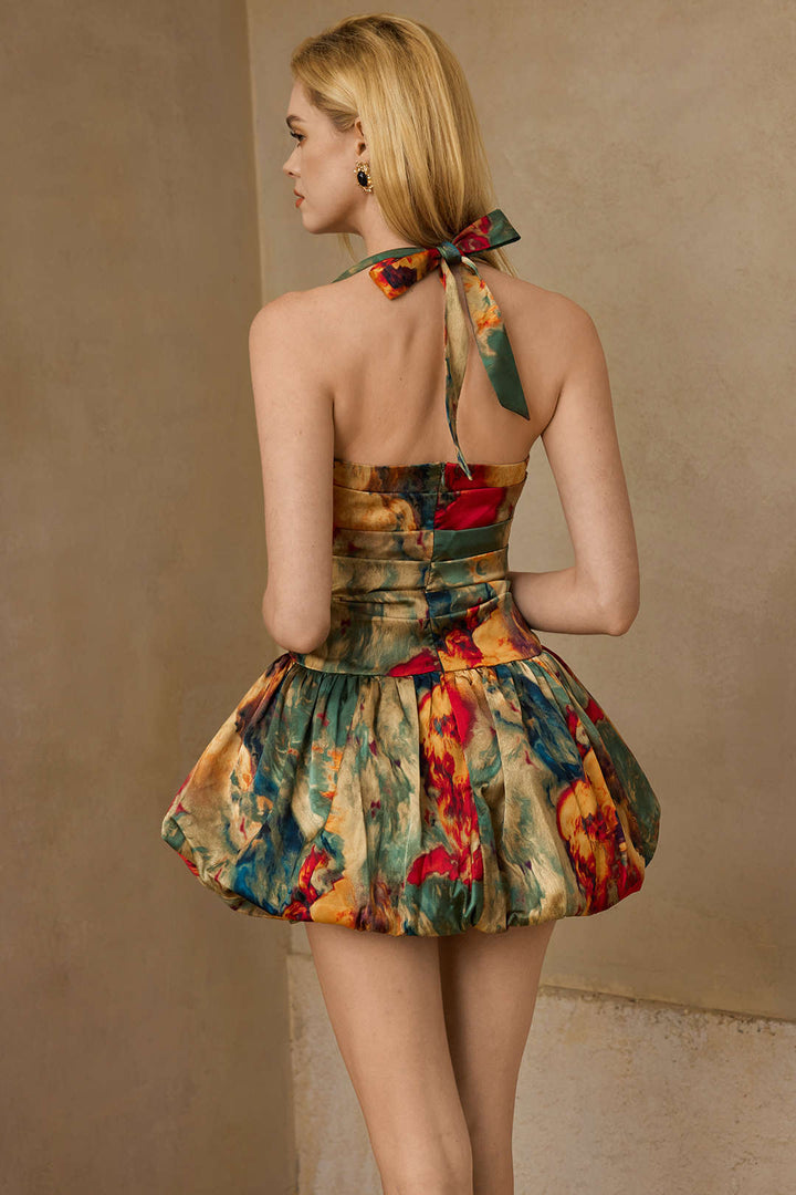 Watercolor Print Satin Ruched Backless Zipper Tie Up Mini Dress