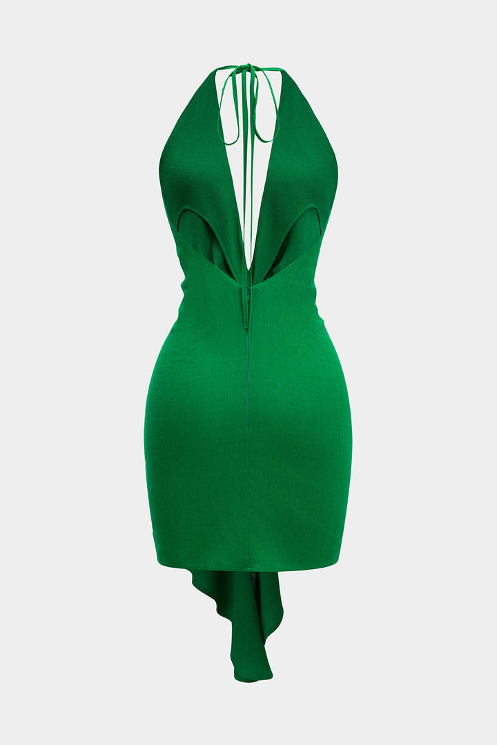 Linen Tie Front V-Neck Halter Neck Ruched Backless Sleeveless Mini Dress